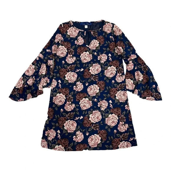 Blue Rain Navy Floral Poet Sleeve Shift Dress XS - Picture 1 of 4